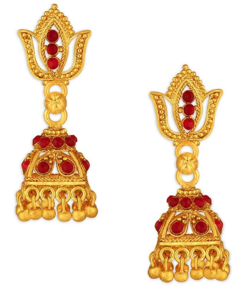 Spargz Traditional Jhumki Alloy Festive Wear Gold Plated Synthetic Stone Earring For Women     			Spargz Traditional Jhumki Alloy Festive Wear Gold Plated Synthetic Stone Earring For Women