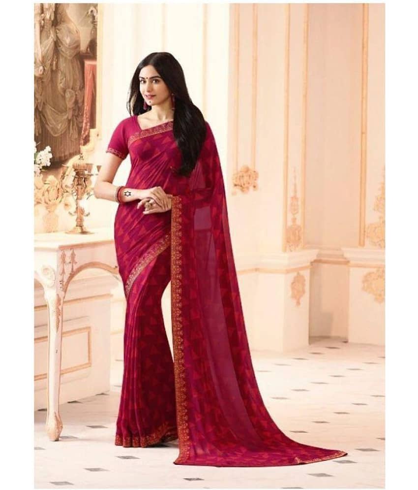 Gazal Fashions Georgette Printed Saree With Unstitched Blouse Piece ( Maroon ) - Sarees | Buy online on ZillyBuy