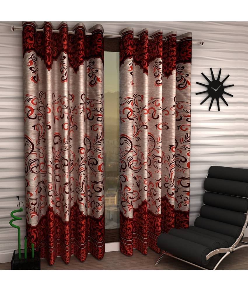     			Panipat Textile Hub Floral Semi-Transparent Eyelet Door Curtain 7 ft Pack of 3 -Maroon