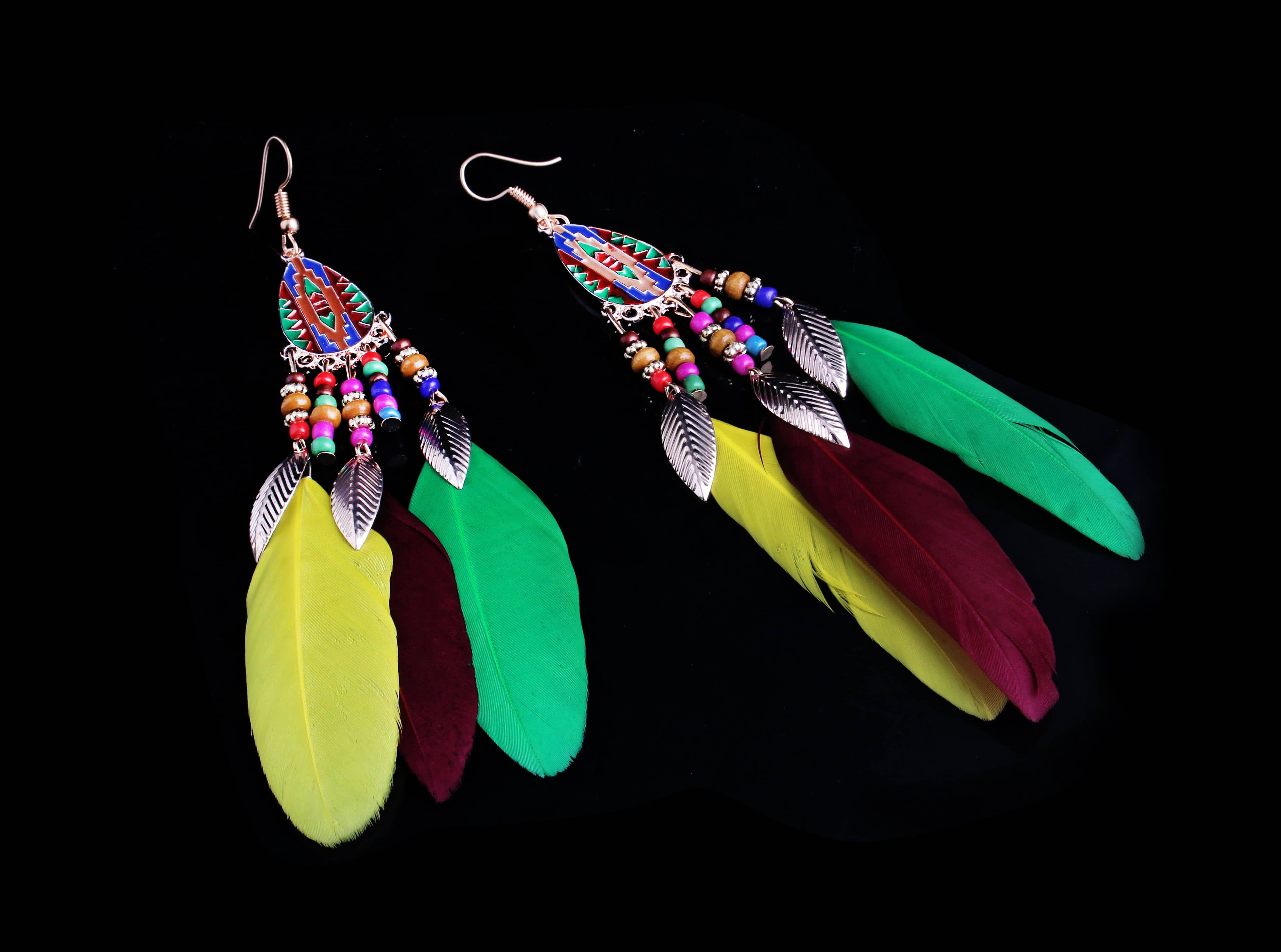 The Jewelbox® Boho Feather Leaf Enamel Beads 18K Gold Green Yellow Brown Hanging Dangle Earring Girls Women - Earrings | Buy online on ZillyBuy