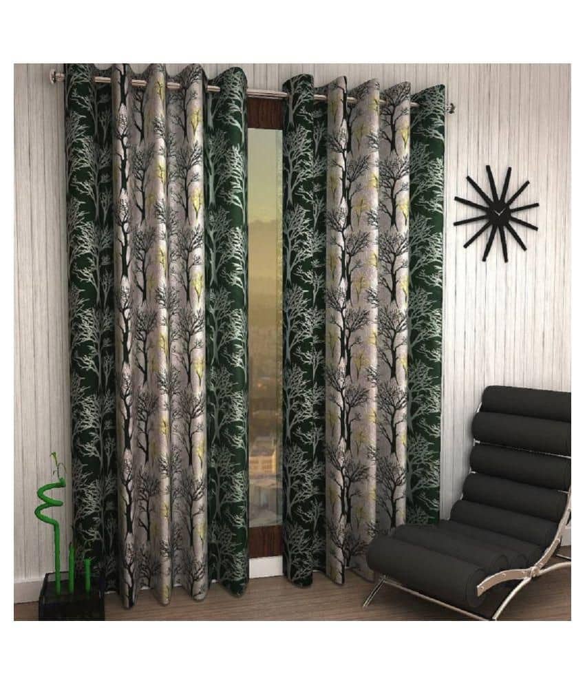 Phyto Home Floral Semi-Transparent Eyelet Long Door Curtain 9 ft Pack of 2 -Green