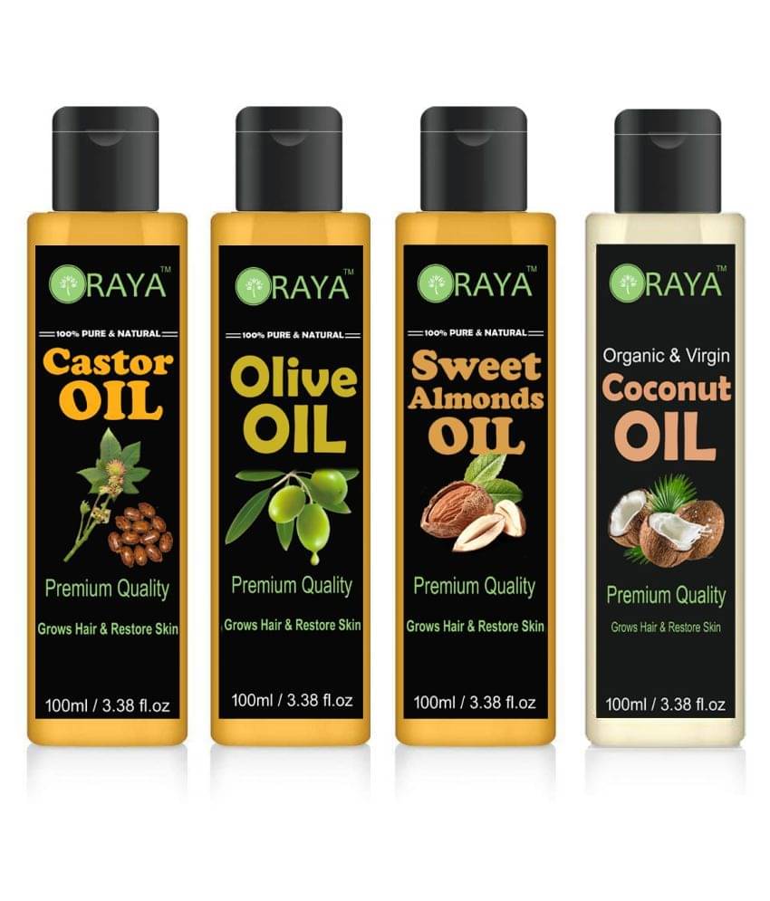 ORAYA 100% Pure & Natural Castor+Olive+Almond +Virgin Cocount Oil- 400 ml Pack of 4 ORAYA 100% Pure & Natural Castor+Olive+Almond +Virgin Cocount Oil- 400 ml Pack of 4