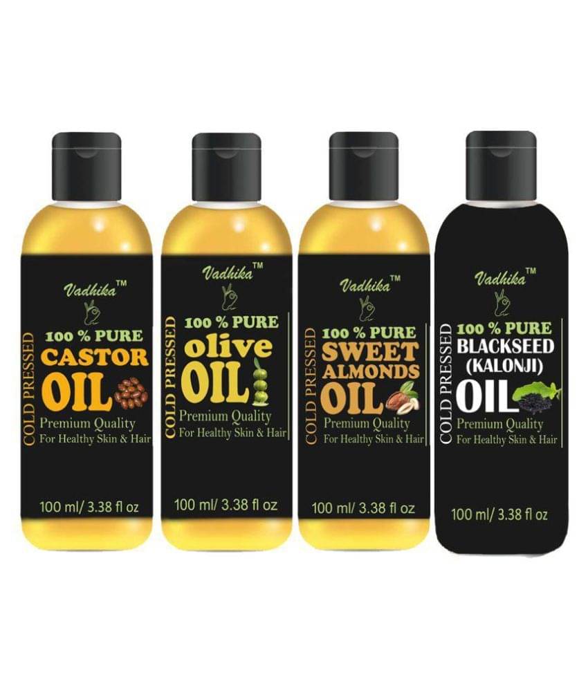 Vadhika 100% Pure & Natural Castor+Olive+ Almonds+Kalonji oil 400 ml Pack of 4 Vadhika 100% Pure & Natural Castor+Olive+ Almonds+Kalonji oil 400 ml Pack of 4