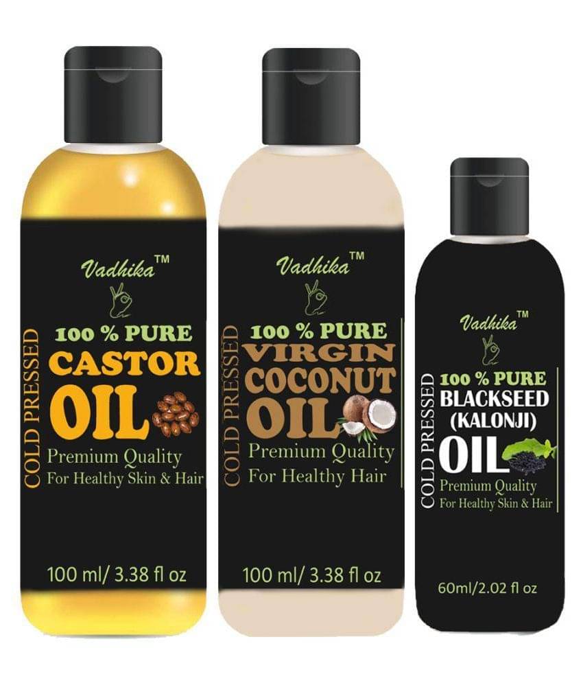 Vadhika 100 % Pure & Natural Castor + Coconut + Blackseed Oil 260 ml Pack of 3 Vadhika 100 % Pure & Natural Castor + Coconut + Blackseed Oil 260 ml Pack of 3