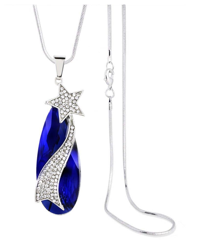 The Jewelbox® Sweater Latest Star Cz Crystal Blue Rhodium Stylish Party Wear Long Necklace Pendant Chain Girls Women