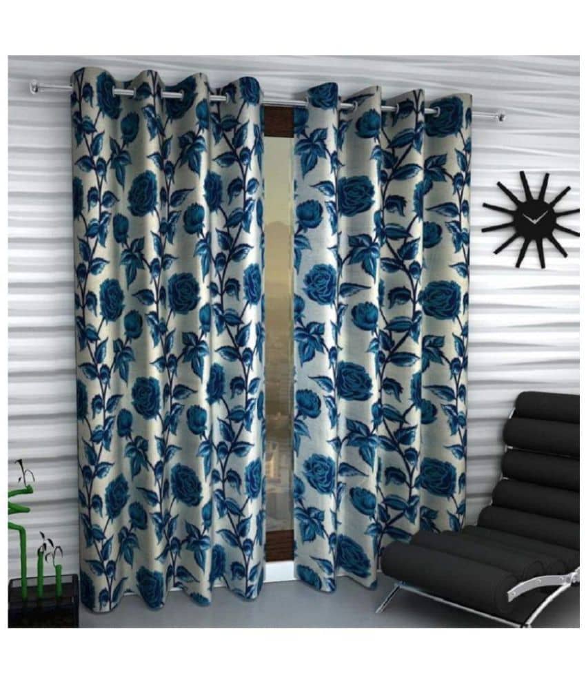 Panipat Textile Hub Floral Semi-Transparent Eyelet Door Curtain 7 ft Pack of 4 -Blue