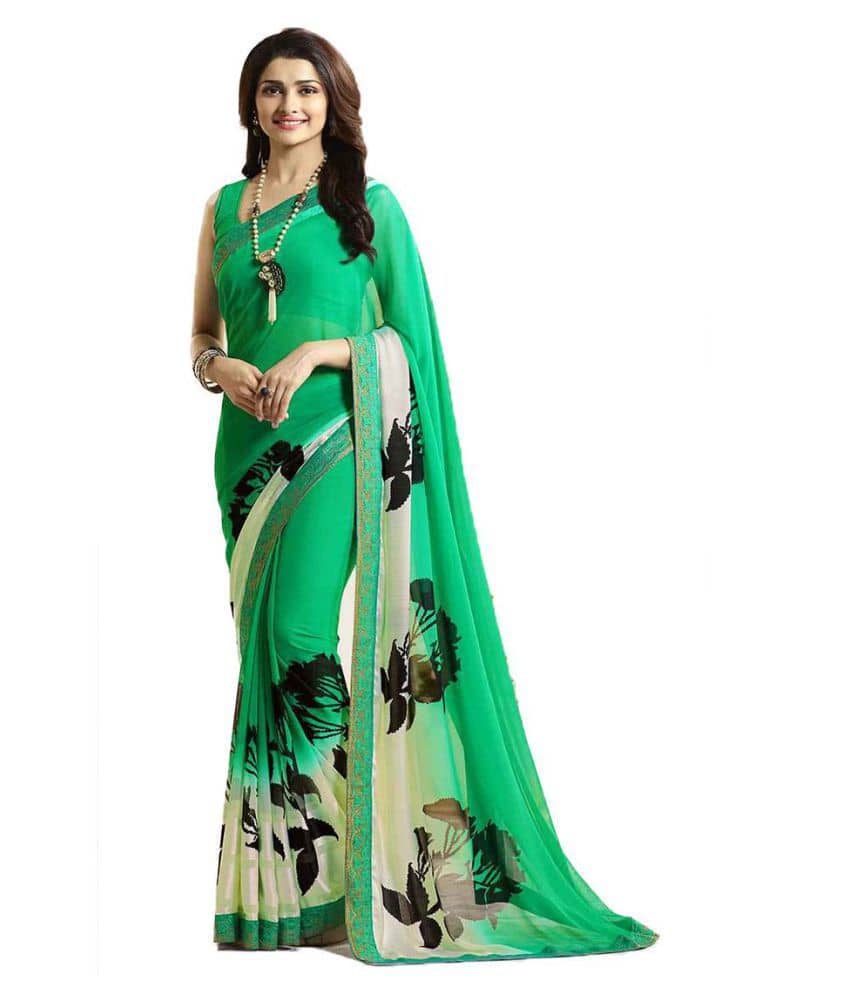 Gazal Fashions Georgette Printed Saree With Unstitched Blouse Piece ( Green ) - Sarees | Buy online on ZillyBuy