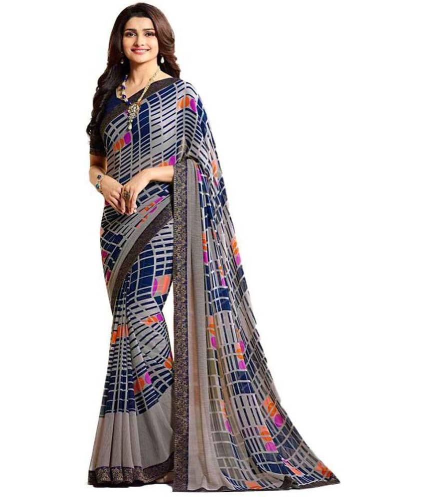 Gazal Fashions Georgette Printed Saree With Unstitched Blouse Piece ( Multicolor ) - Sarees | Buy online on ZillyBuy