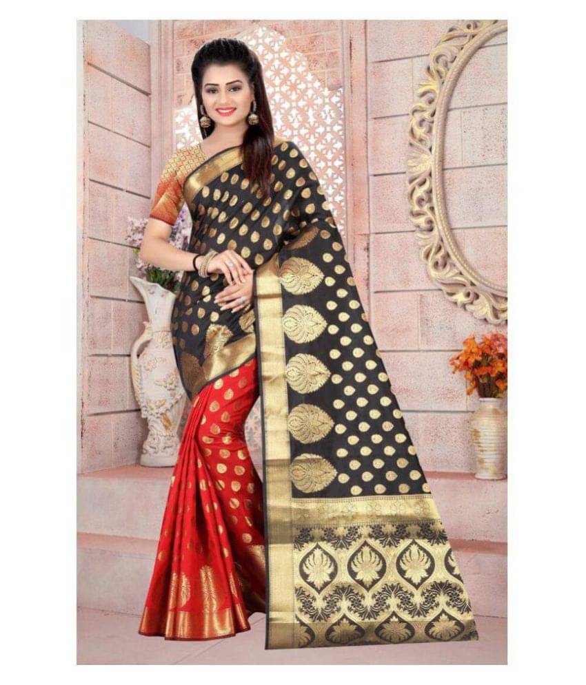     			Gazal Fashions Silk Printed Saree With Unstitched Blouse Piece ( Black )