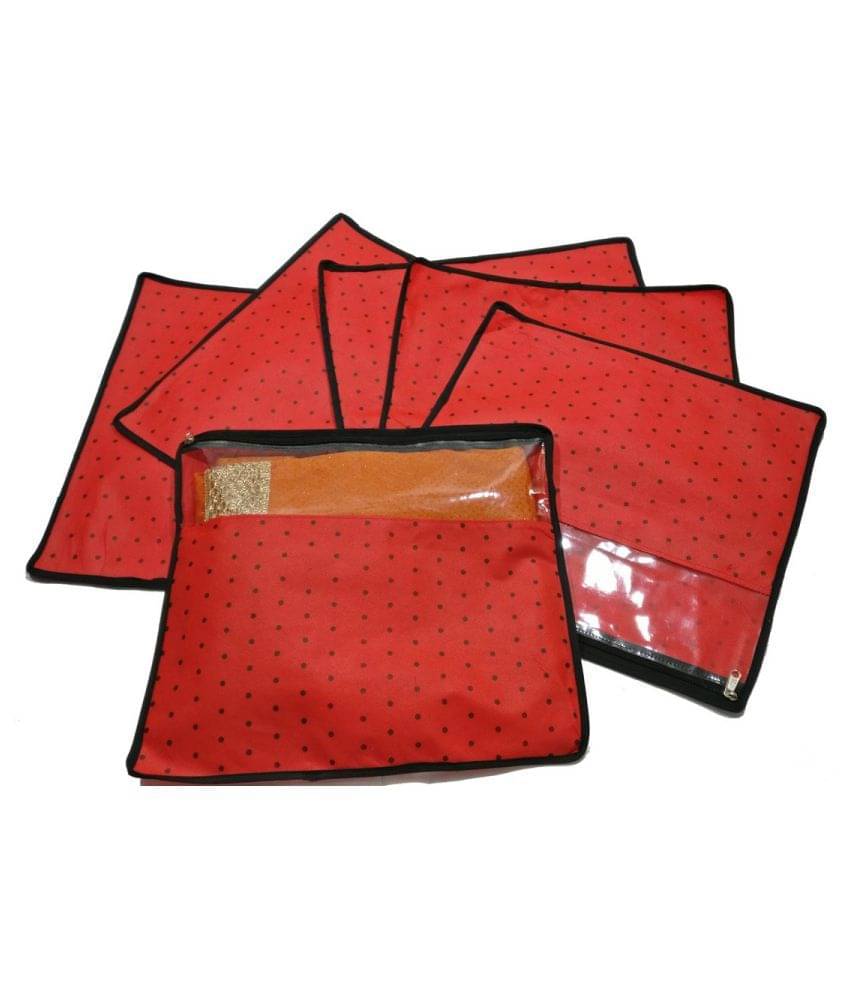     			PrettyKrafts Saree Cover Set of 6 Polka dots with Top transparent window_Red