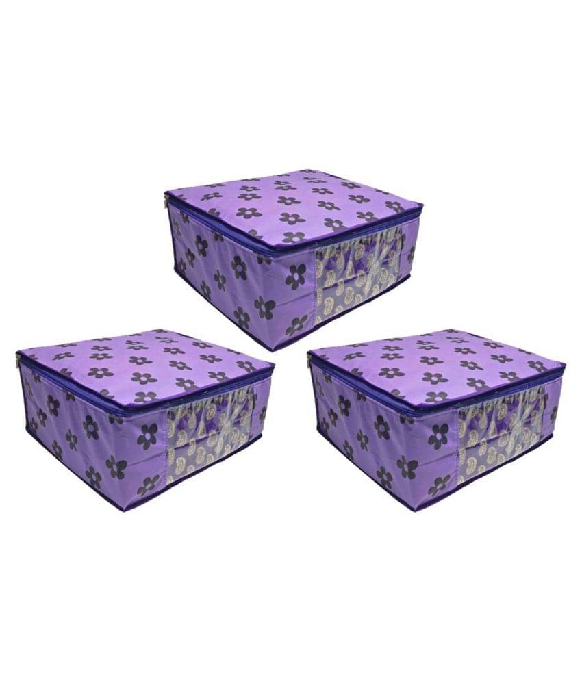 PrettyKrafts Saree Cover Set of 3 Large Flower Prints/Wardrobe Organiser/Clothes Bag_Purple PrettyKrafts Saree Cover Set of 3 Large Flower Prints/Wardrobe Organiser/Clothes Bag_Purple