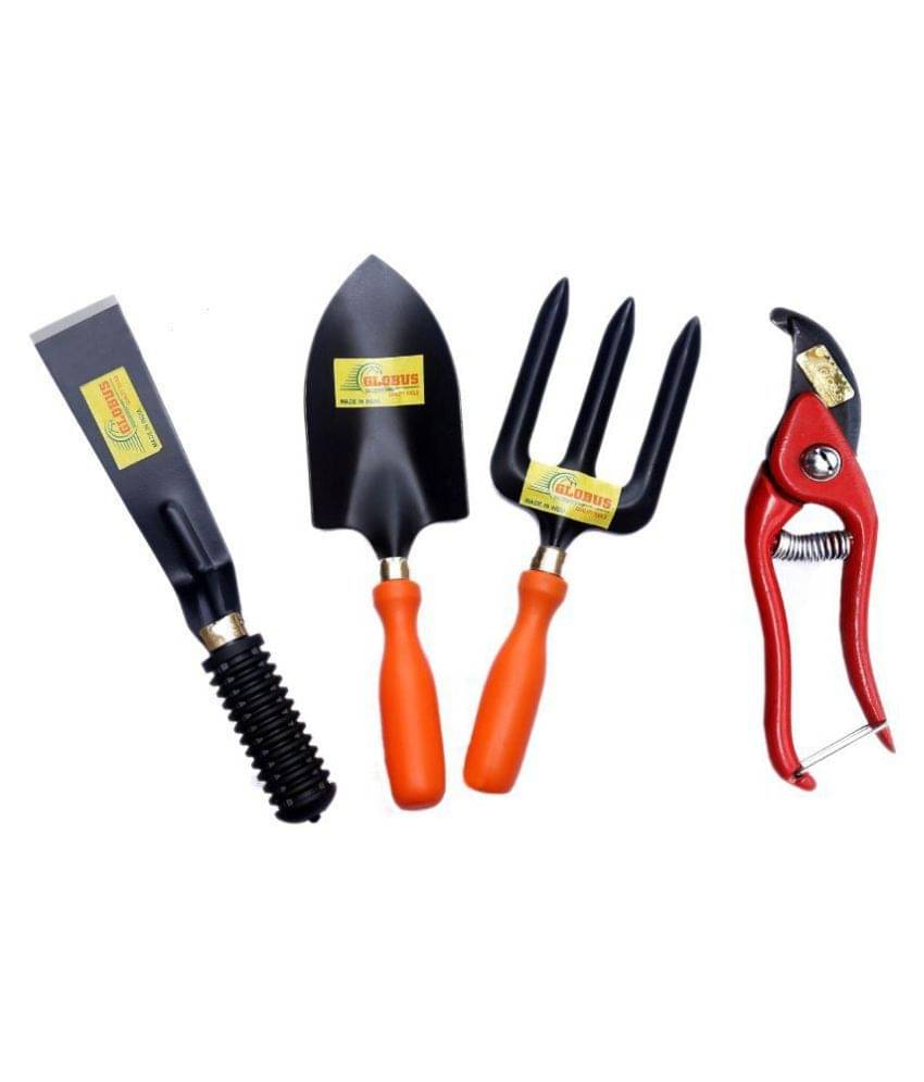     			GLOBUS 109 Garden Tool Set /4 PCS (RED..Big Trowel, Weeder Fork, KHURPA 2", 8" Pruner Metal, RED)