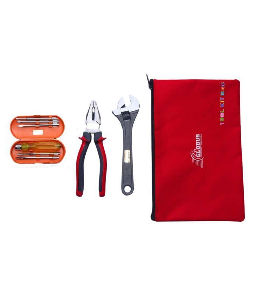 GLOBUS 809 Steel Hand Tool Set/3 PCS (8" Adjustable Wrench Black, 8" PLIER RED and Black, Screwdriver Set/6 PCS with Tool KIT Bag)