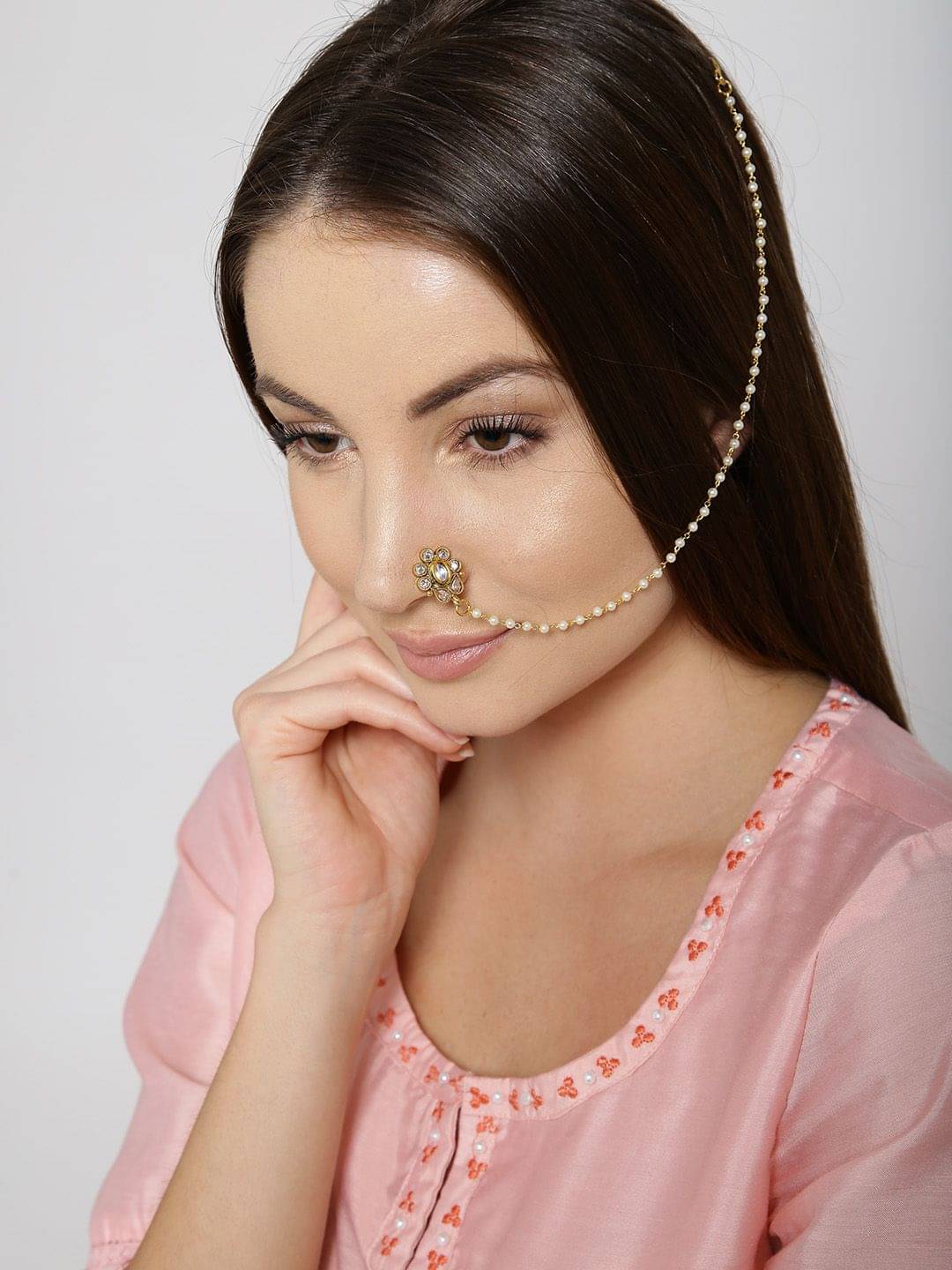 Gold Plated Kundan Nose Ring/Nath with Pearl Chain For Women/Girls Gold Plated Kundan Nose Ring/Nath with Pearl Chain For Women/Girls