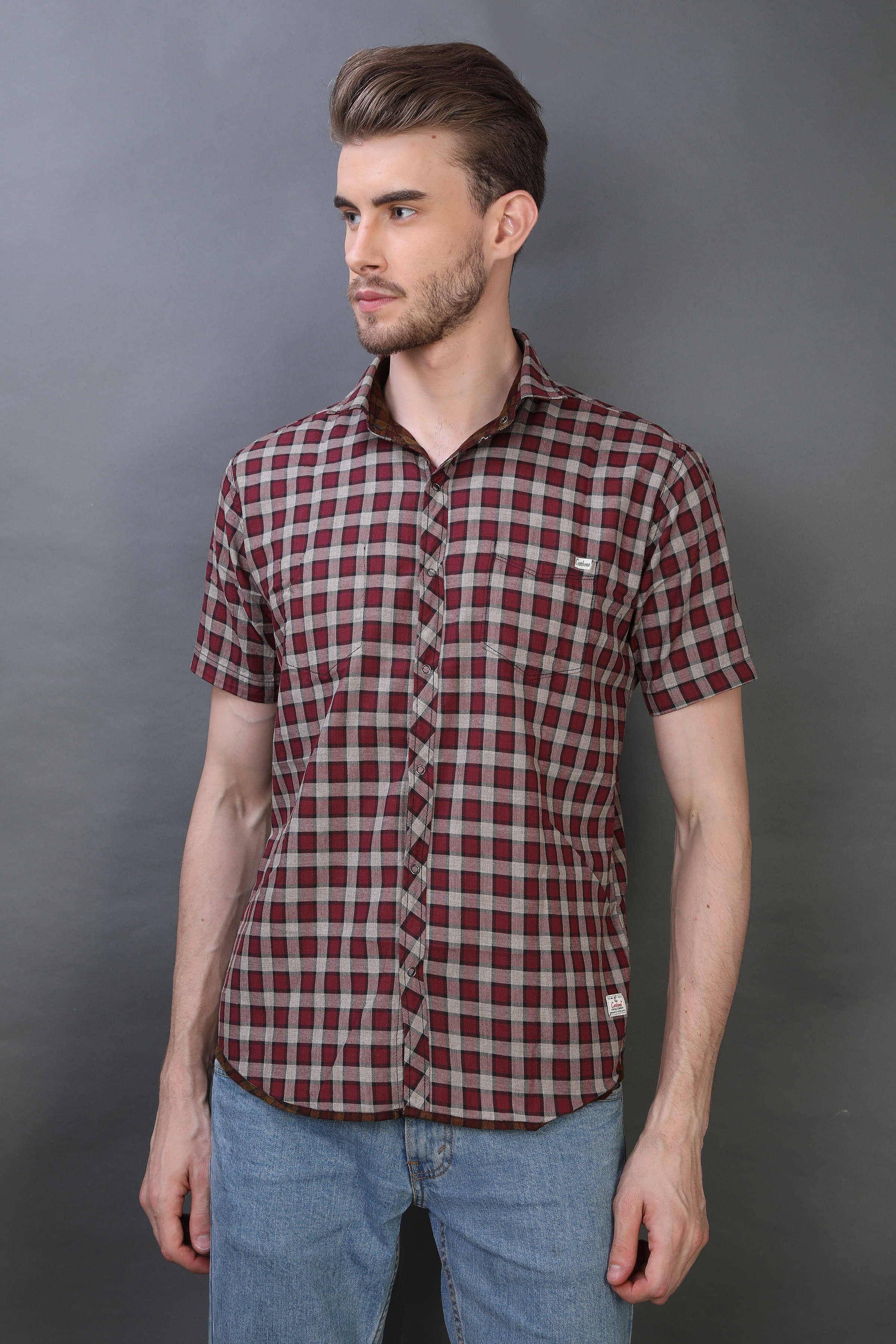     			Carbone 100 Percent Cotton Beige Checks Shirt