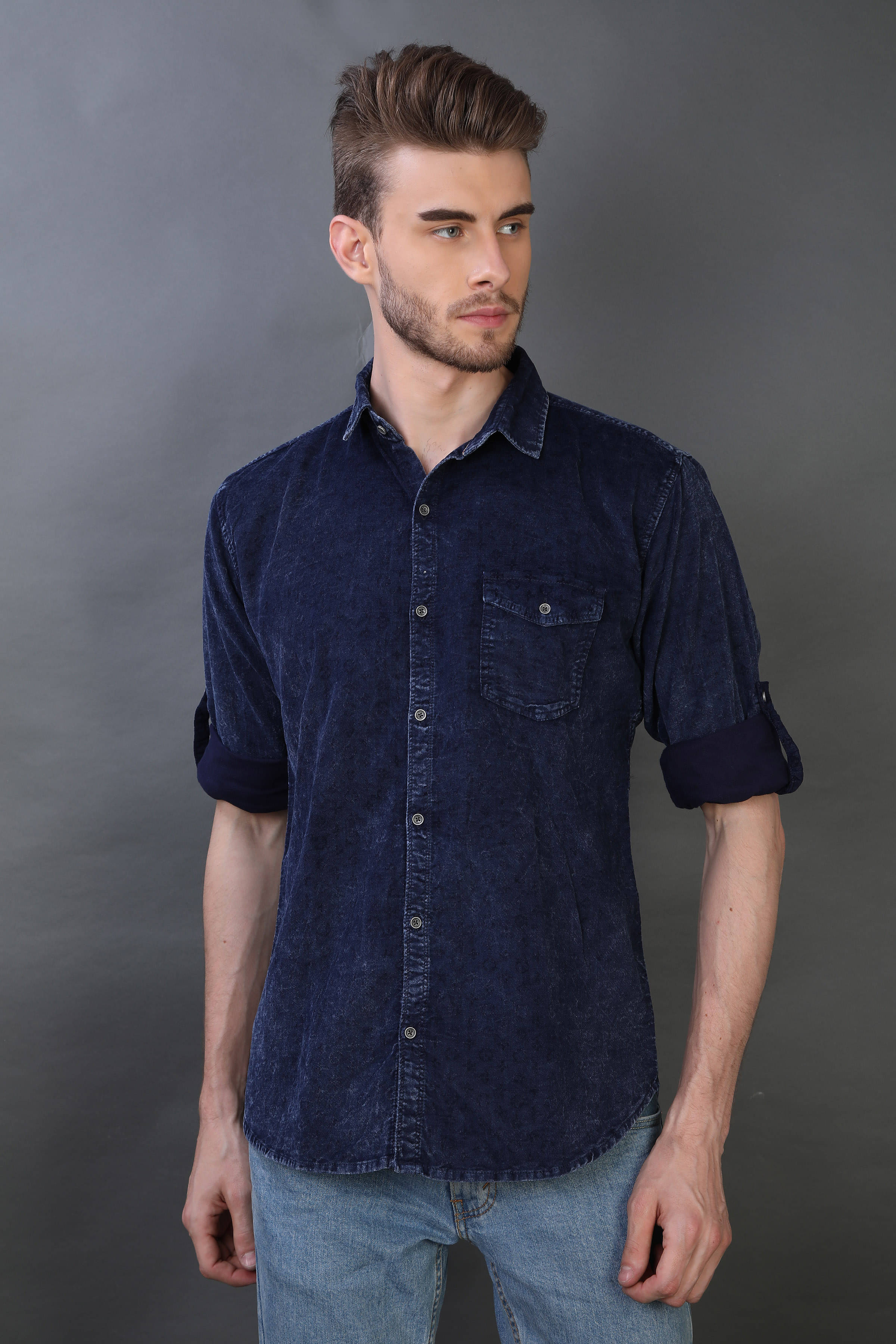     			Carbone 100 Percent Cotton Blue Prints Shirt