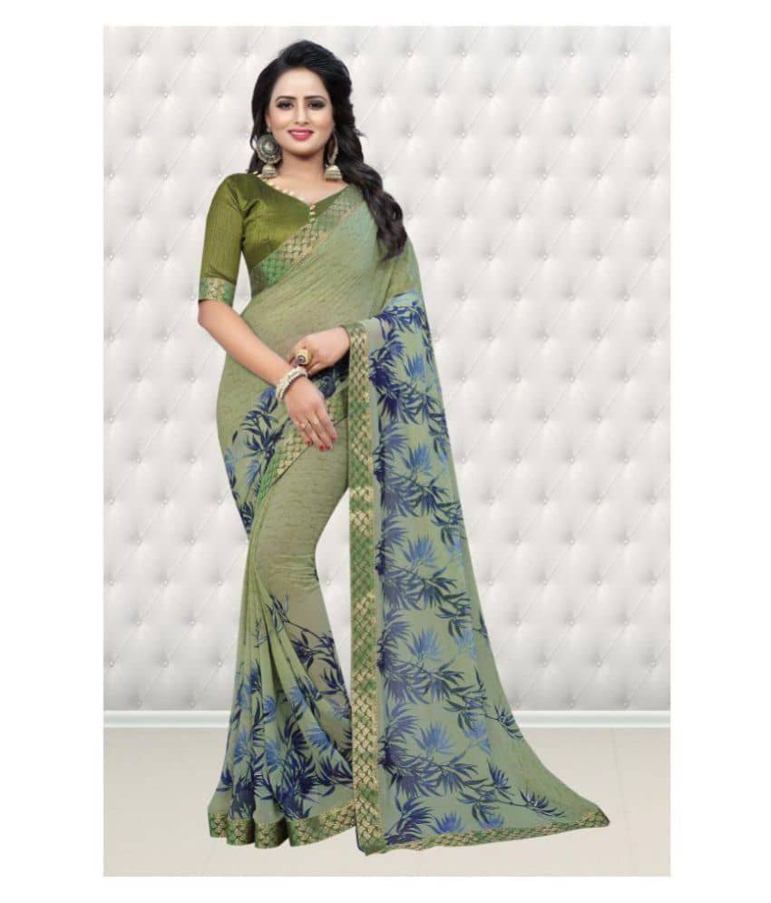 Gazal Fashions Chiffon Printed Saree With Unstitched Blouse Piece ( Green ) - Sarees | Buy online on ZillyBuy