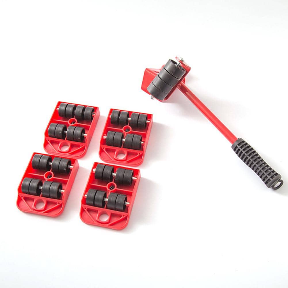 4 Mover Roller+1 Wheel Bar Furniture Transport Lifter Hand Tool Set(Red)