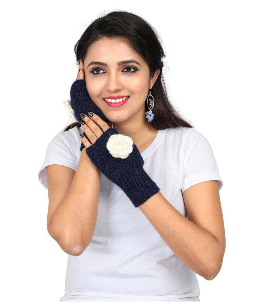KC Store Women's Navy Blue Hand Knitted Woolen Gloves (Mitts) For Winters KC Store Women's Navy Blue Hand Knitted Woolen Gloves (Mitts) For Winters