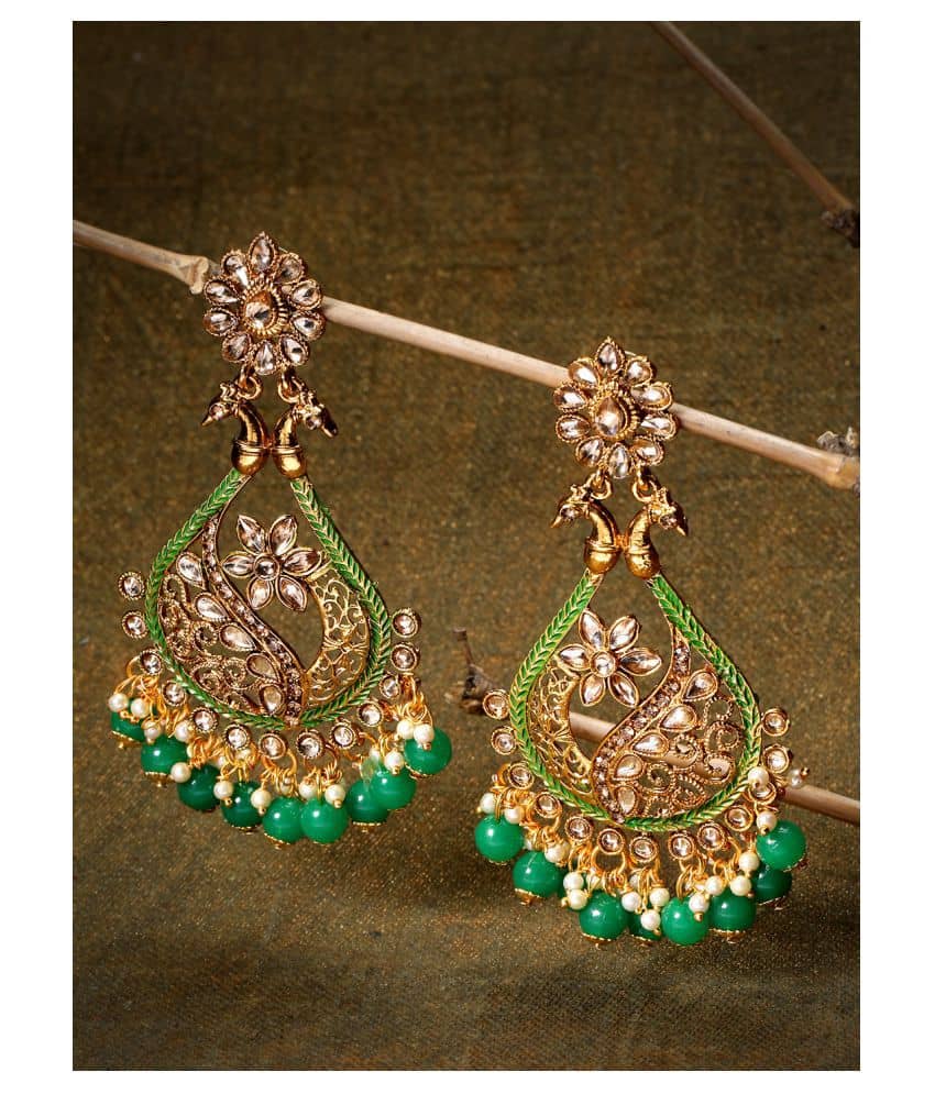 Priyaasi Designer Gold-Plated Stone-Studded Peacock Inspired Green Earrings For Women - Earrings | Buy online on ZillyBuy