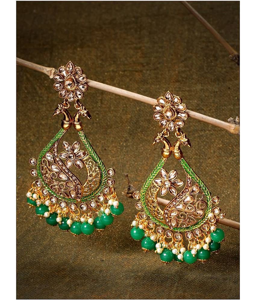 Priyaasi Designer Gold-Plated Stone-Studded Peacock Inspired Green Earrings For Women - Earrings | Buy online on ZillyBuy