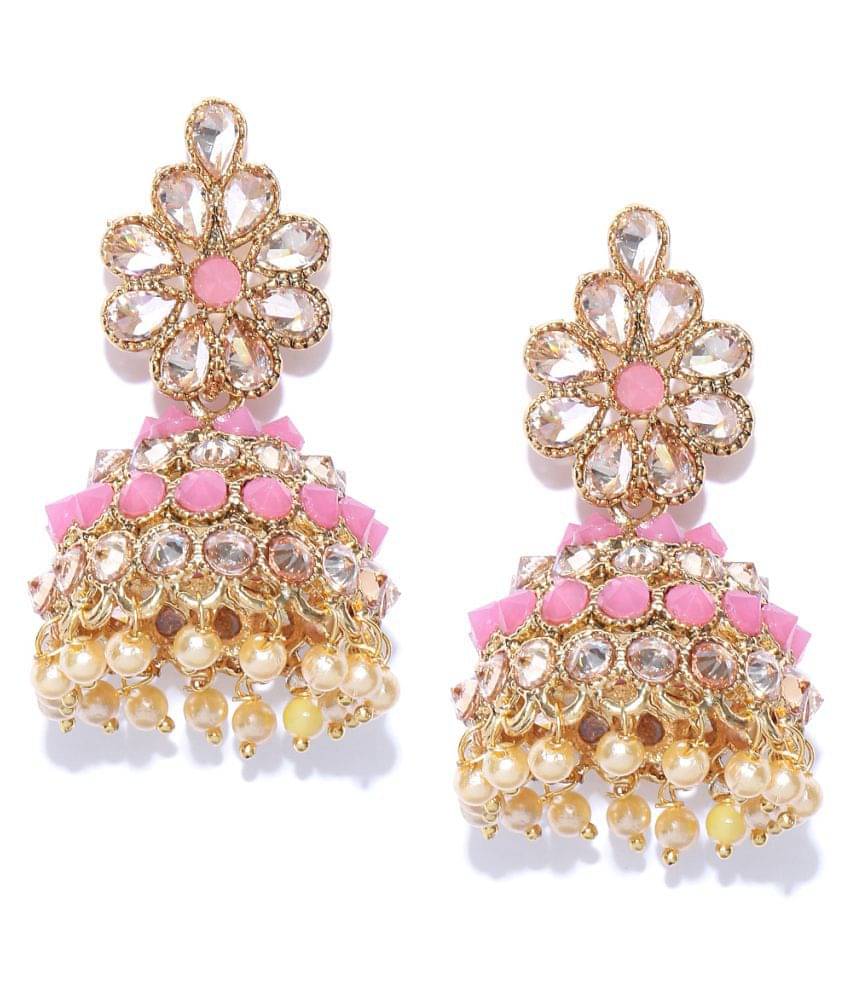     			Pink Gold-Plated Handcrafted Kundan Stone-Studded Dome Shaped Jhumkas