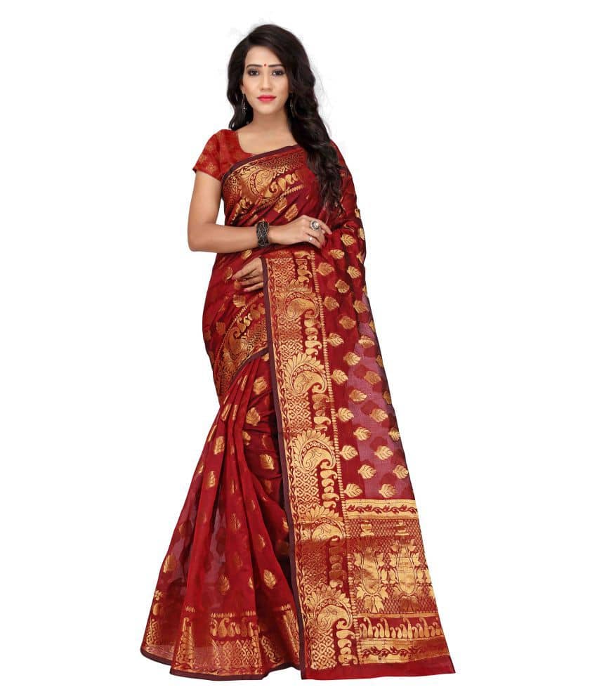 Gazal Fashions Banarasi Silk Printed Saree With Unstitched Blouse Piece ( Red ) - Sarees | Buy online on ZillyBuy