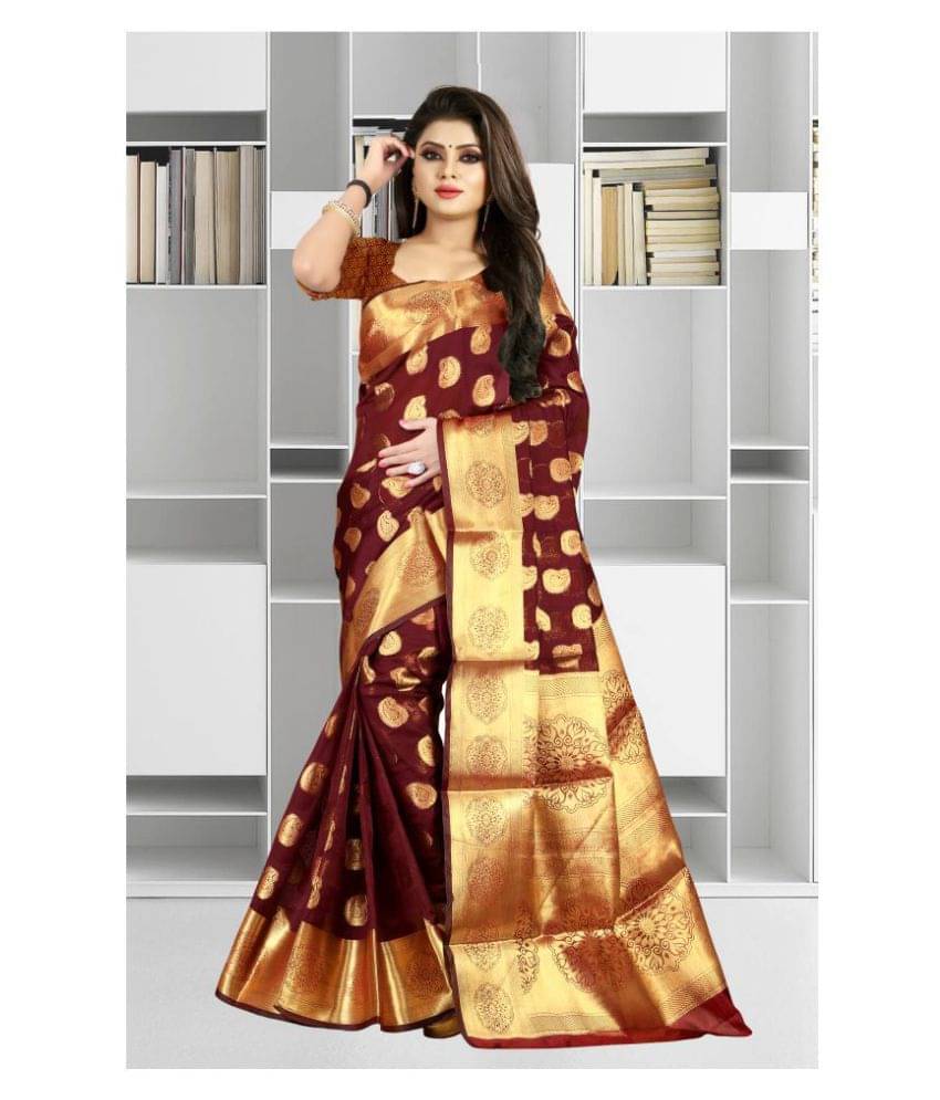 Gazal Fashions Banarasi Silk Printed Saree With Unstitched Blouse Piece ( Maroon ) Gazal Fashions Banarasi Silk Printed Saree With Unstitched Blouse Piece ( Maroon )