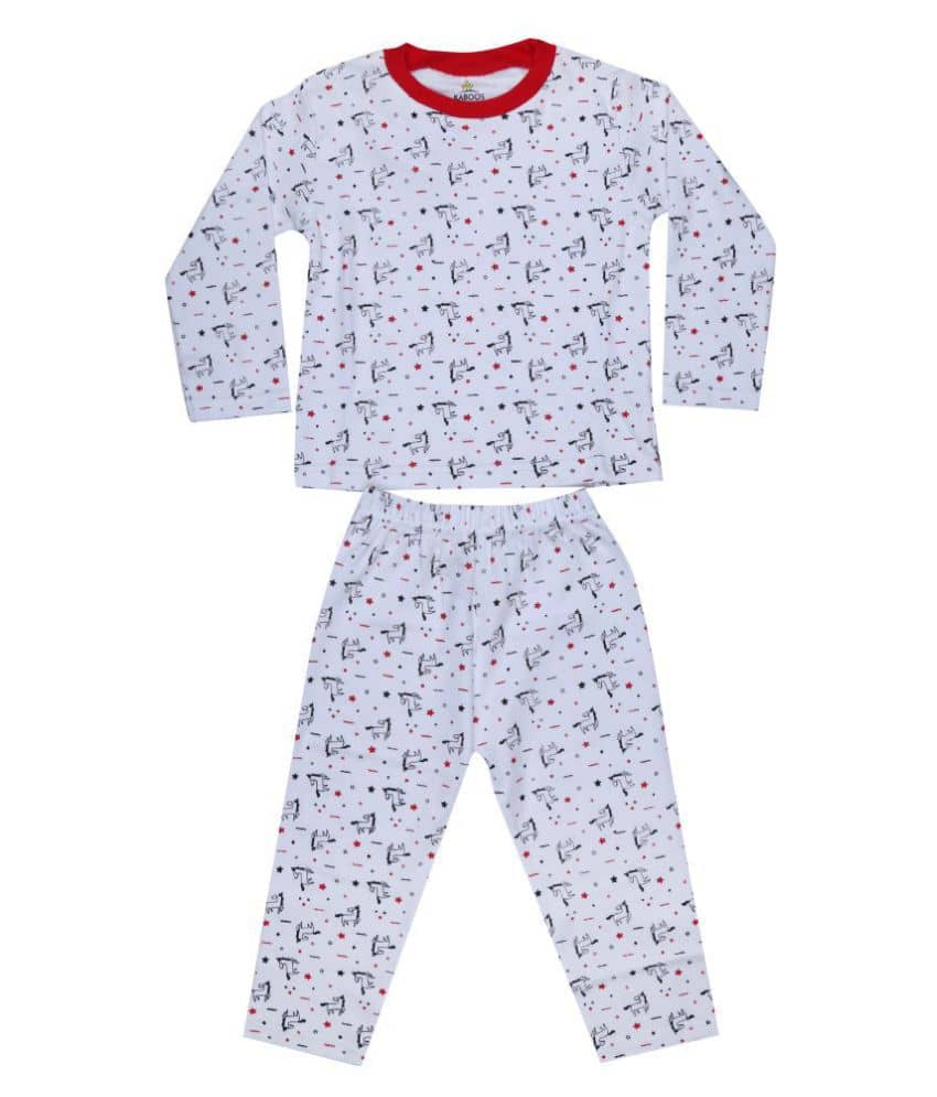 KABOOS Pack of 1 Boys 100% Cotton Nightsuit Set ( White ) - Nightwear & Loungewear | Buy online on ZillyBuy