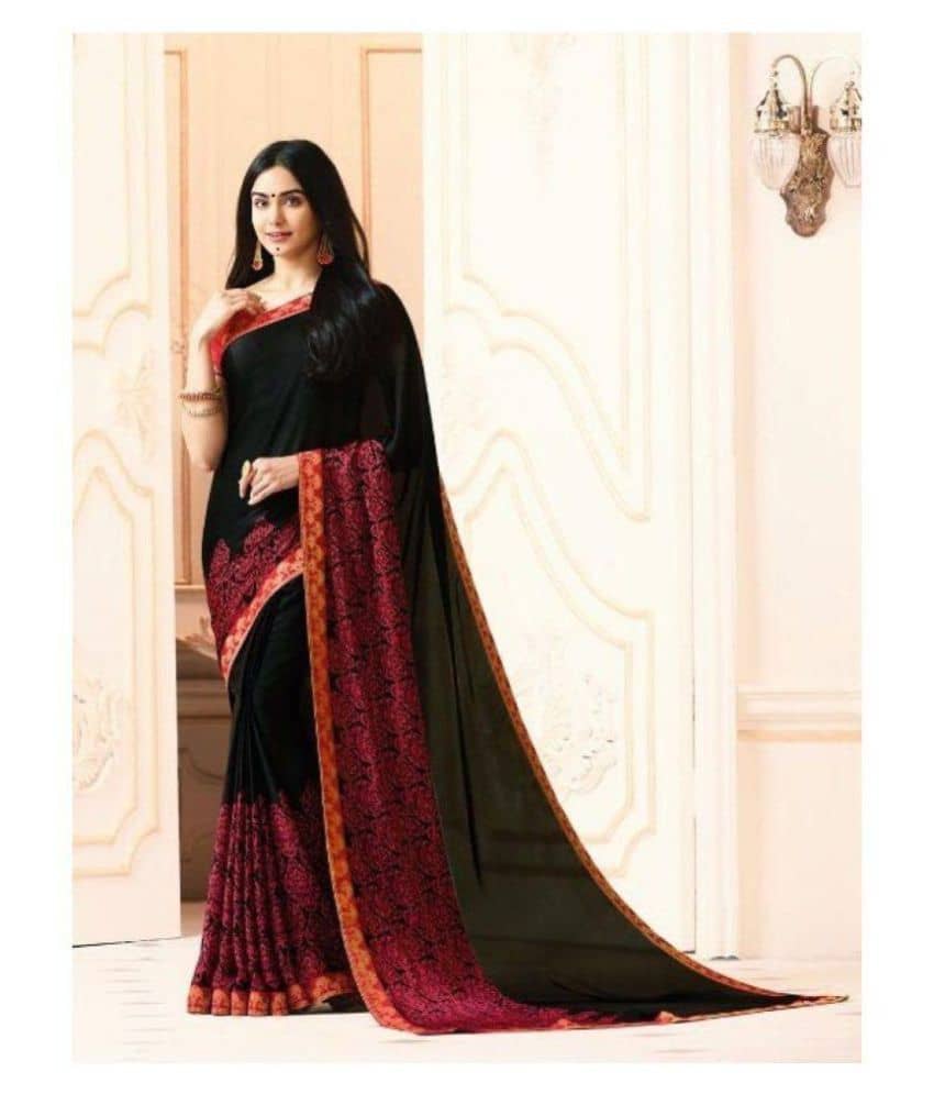Gazal Fashions Cotton Blend Self Design Saree With Unstitched Blouse Piece ( Black ) - Sarees | Buy online on ZillyBuy