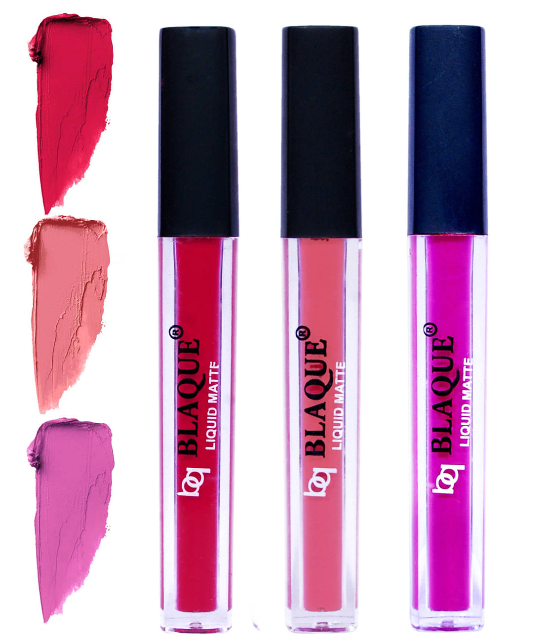bq BLAQUE Matte Liquid Lipstick Combo of 3 Lip Color 4ml each, Waterproof - Ruby Red, Coral Peach, Swiss Light Magenta     			bq BLAQUE Matte Liquid Lipstick Combo of 3 Lip Color 4ml each, Waterproof - Ruby Red, Coral Peach, Swiss Light Magenta