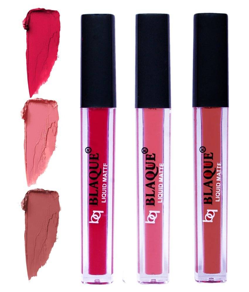 bq BLAQUE Matte Liquid Lipstick Combo of 3 Lip Color 4ml each, Waterproof - Ruby Red, Coral Peach, Brown     			bq BLAQUE Matte Liquid Lipstick Combo of 3 Lip Color 4ml each, Waterproof - Ruby Red, Coral Peach, Brown