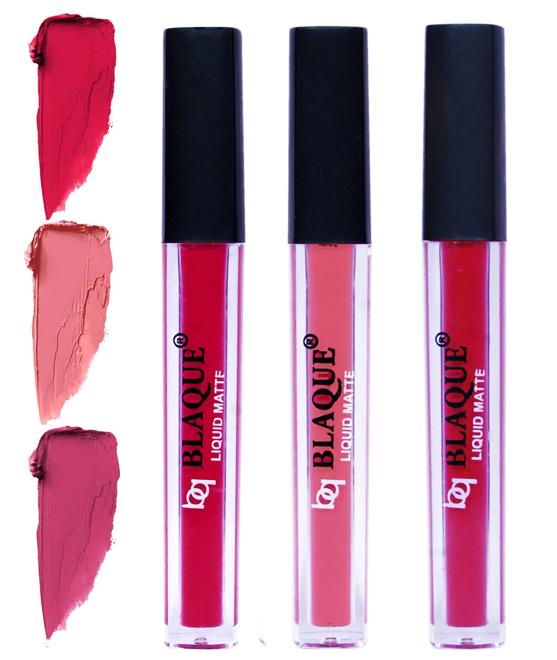     			bq BLAQUE Matte Liquid Lipstick Combo of 3 Lip Color 4ml each, Waterproof - Ruby Red, Coral Peach, Fuschia Pink