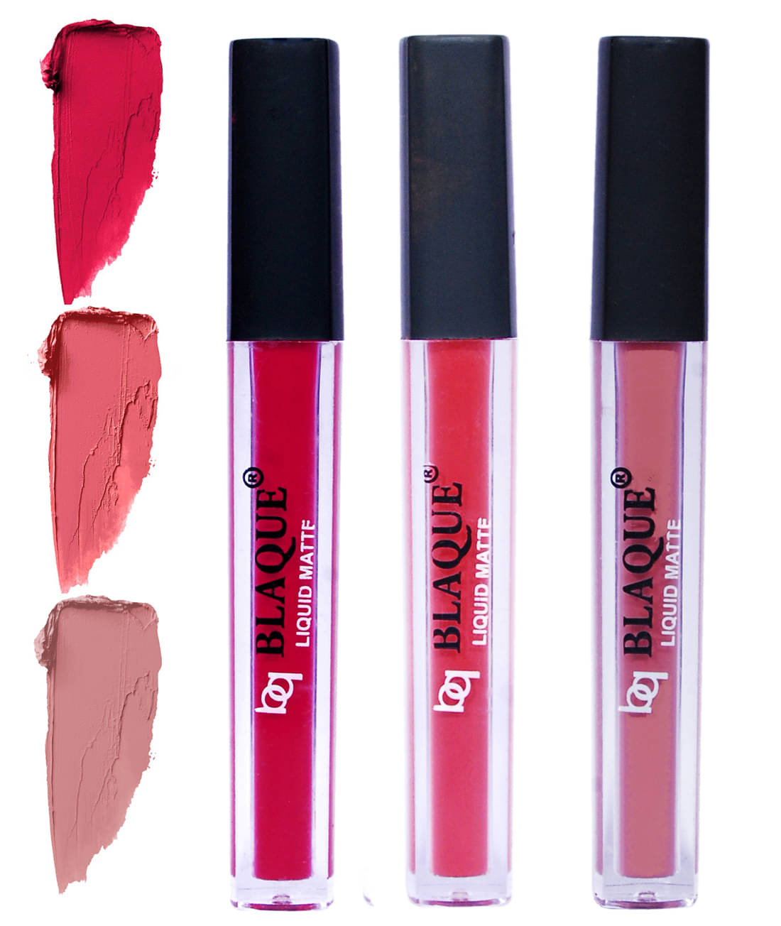 bq BLAQUE Matte Liquid Lipstick Combo of 3 Lip Color 4ml each, Waterproof - Ruby Red, Pinkish Peach, Light Nude Brown     			bq BLAQUE Matte Liquid Lipstick Combo of 3 Lip Color 4ml each, Waterproof - Ruby Red, Pinkish Peach, Light Nude Brown