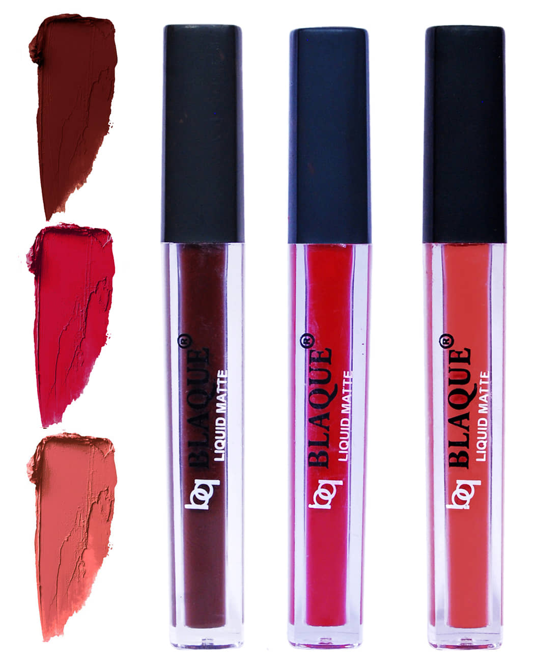 bq BLAQUE Matte Liquid Lipstick Combo of 3 Lip Color 4ml each, Waterproof - Chocolate Mood, Dark Pinkish Red, Dark Coral