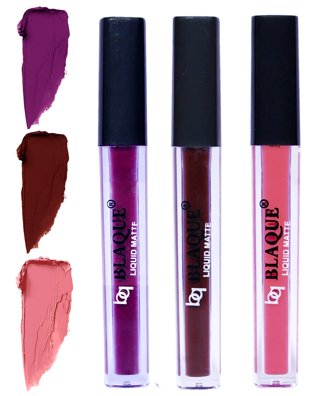 bq BLAQUE Matte Liquid Lipstick Combo of 3 Lip Color 4ml each, Waterproof - Purple Affair, Chocolate Mood, Coral Peach