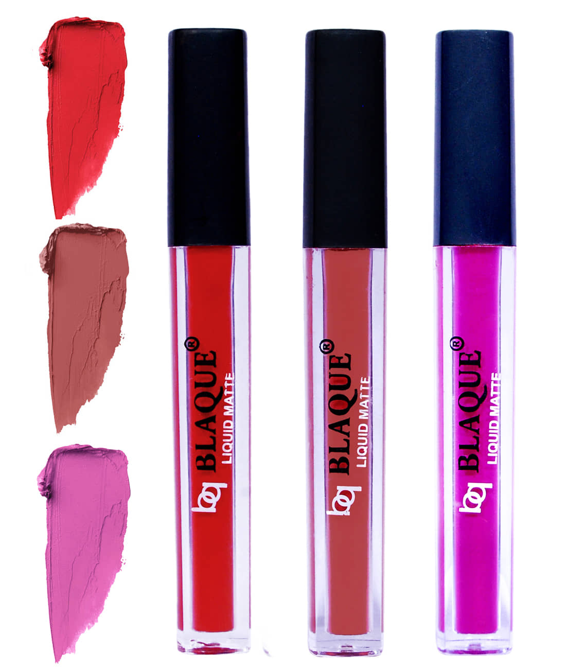 bq BLAQUE Matte Liquid Lipstick Combo of 3 Lip Color 4ml each, Waterproof - Orangish Red, Brown, Swiss Light Magenta