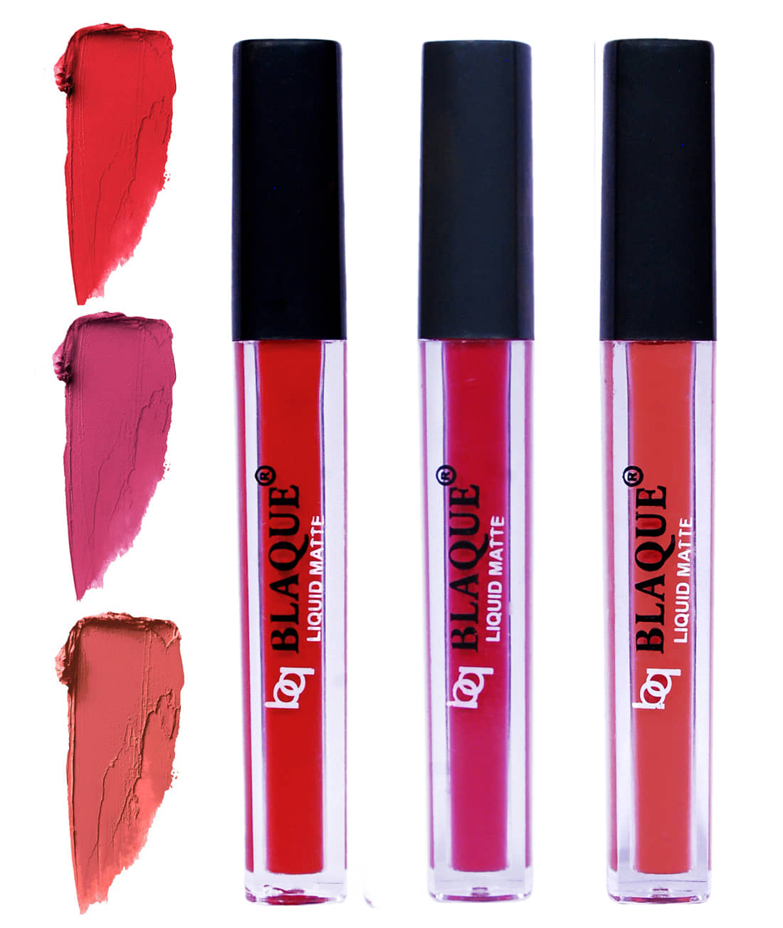bq BLAQUE Matte Liquid Lipstick Combo of 3 Lip Color 4ml each, Waterproof - Orangish Red, Fuschia Pink, Dark Coral