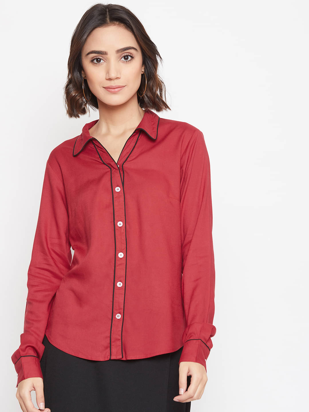 Purys Women Solid Rayon Shirt ( Maroon ) Purys Women Solid Rayon Shirt ( Maroon )
