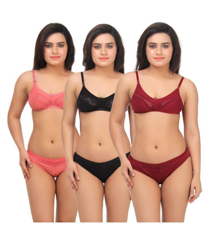 TCG Pack of 3 Cotton Lycra Women's Bra & Panty Set ( Multi Color )