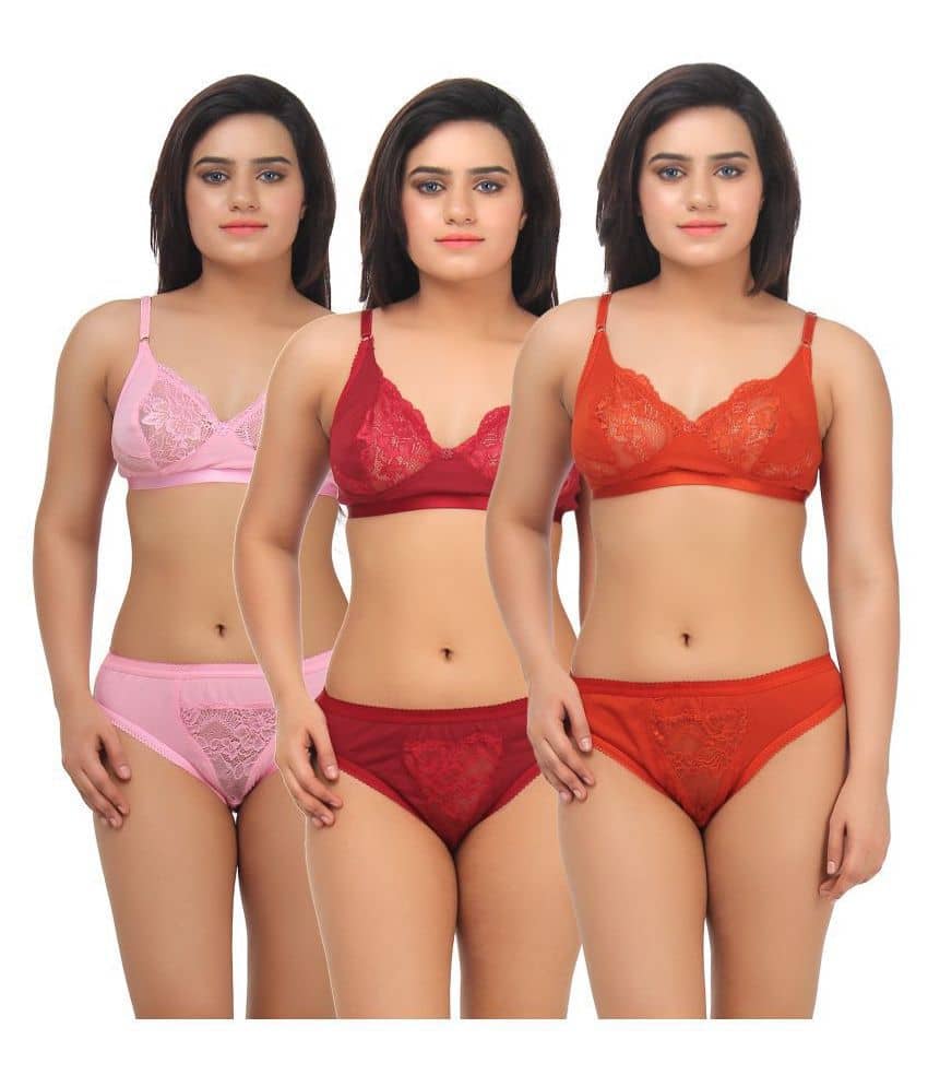 TCG Pack of 3 Cotton Lycra Women's Bra & Panty Set ( Multi Color )