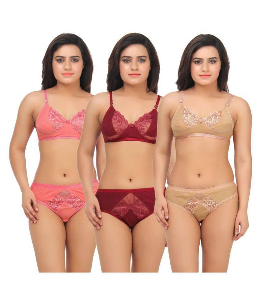 TCG Pack of 3 Cotton Lycra Women's Bra & Panty Set ( Multi Color )