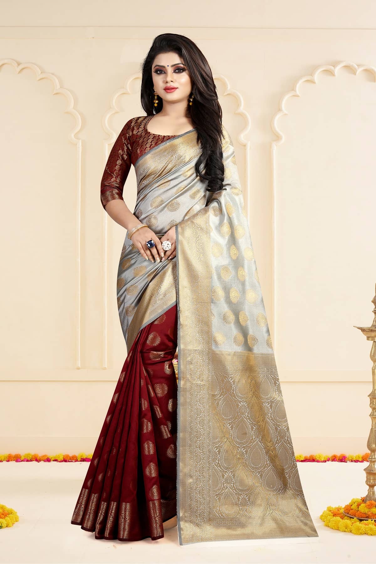 Gazal Fashions Banarasi Silk Embroidered Saree With Unstitched Blouse Piece ( Multicolor ) - Sarees | Buy online on ZillyBuy
