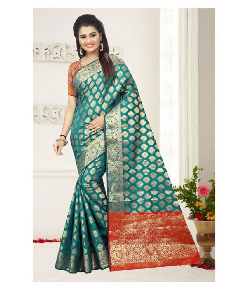    			Gazal Fashions Silk Blend Printed Saree With Unstitched Blouse Piece ( Fluorescent Green )