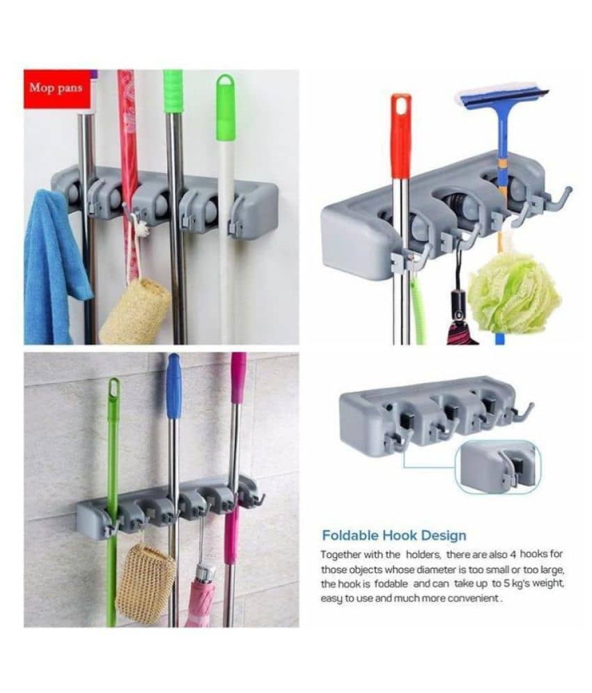 YUTIRITI 5 Slot Mop Holder Wall Mounted Organizer Plastic Hook