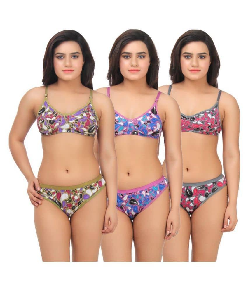 TCG Blue, Green and Grey Cotton Bra & Panty Set of 3