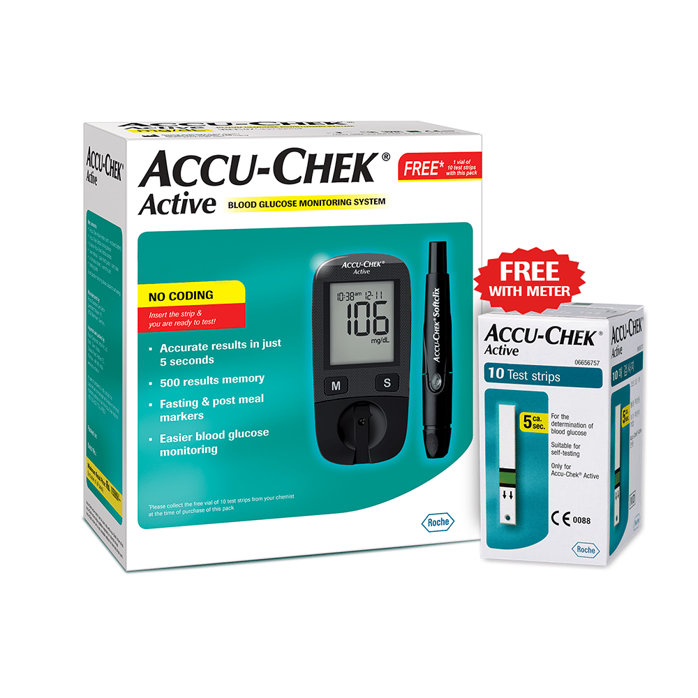 Accu-Chek Active Blood Glucose Meter Kit, Vial of 10 strips free (Multicolor) Accu-Chek Active Blood Glucose Meter Kit, Vial of 10 strips free (Multicolor)