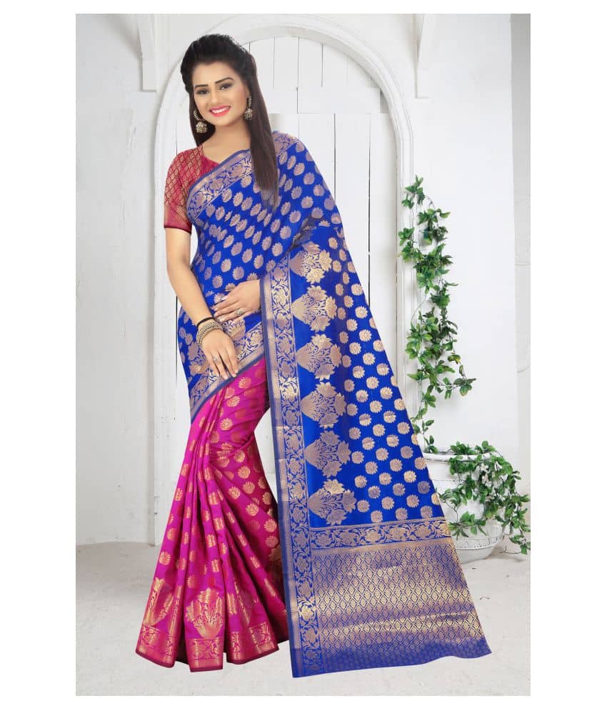 Gazal Fashions Silk Embroidered Saree With Unstitched Blouse Piece ( Blue,Pink ) - Sarees | Buy online on ZillyBuy