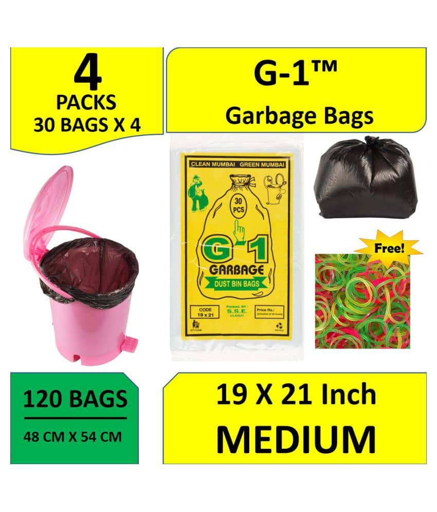 G-1 Dustbin bags with 1 Pack of Rubberband, Medium, Black,19 X 21 Inch , 120 Pieces, Disposable