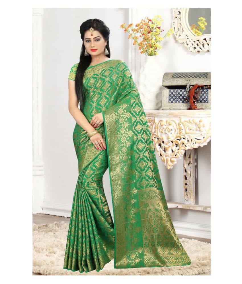 Gazal Fashions Banarasi Silk Embroidered Saree With Unstitched Blouse Piece ( Green ) - Sarees | Buy online on ZillyBuy